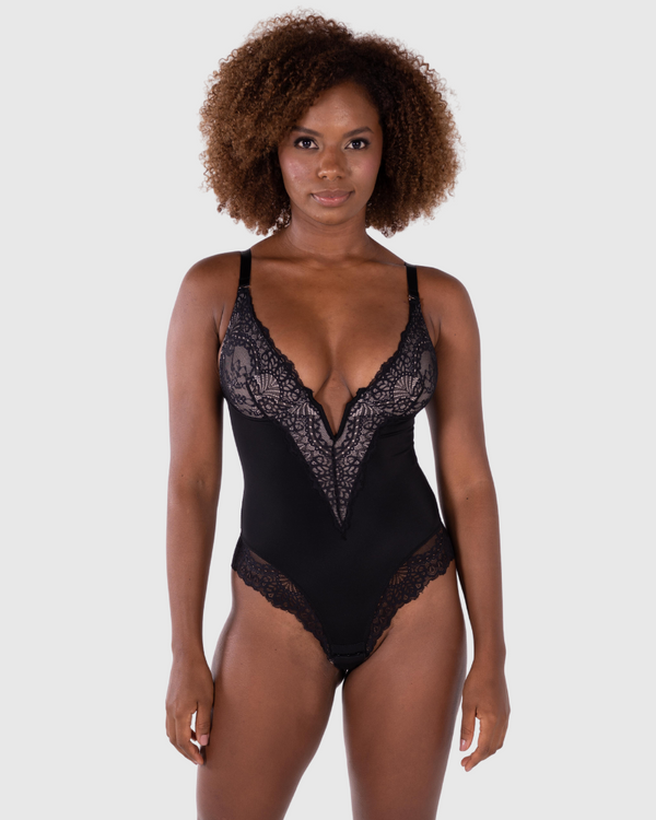 Perfee V-Neck Short Sleeve Lace Bodysuit main image 1